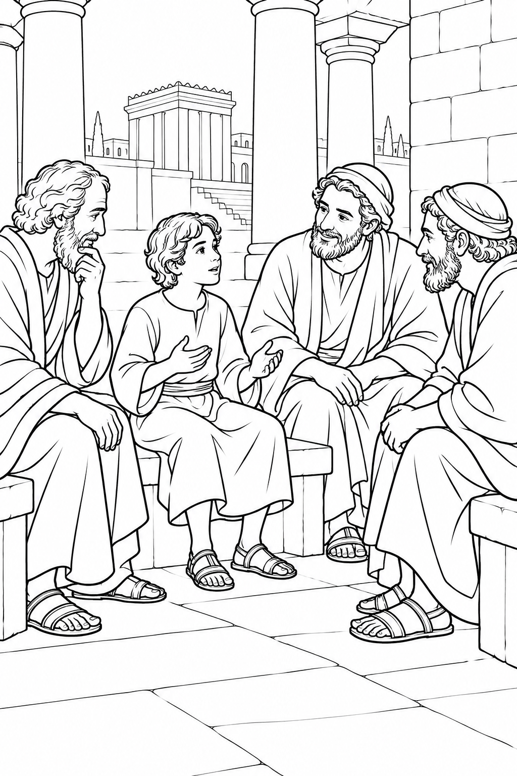 Coloring page showing young Jesus seated among temple teachers, listening and asking questions.