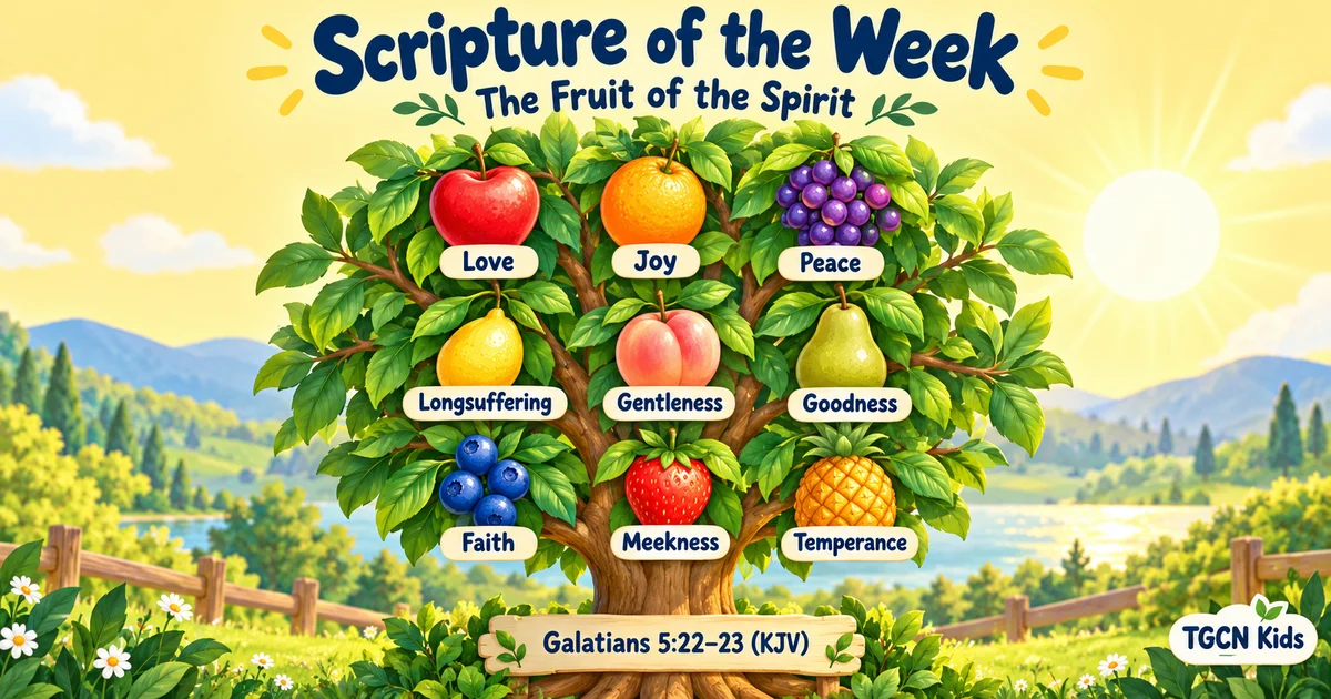 The Fruit of the Spirit — Galatians 5:22–23 (KJV). An illustrated tree labeled Love, Joy, Peace, Longsuffering, Gentleness, Goodness, Faith, Meekness, and Temperance.